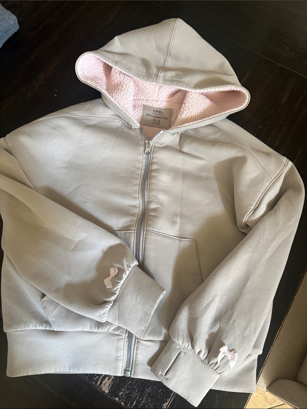 Abercrombie kids Girls' Light Gray Hooded Zip Jacket with Pink Sherpa Lining